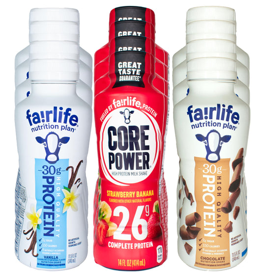 Fair life Protein Shakes Variety Pack, Meal Replacement Shake - Includes 4 Fair life Chocolate Protein Shakes, 4 Vanilla & 4 Core Power Strawberry - 12 Total Shakes Includes Niro Neoprene Sleeve