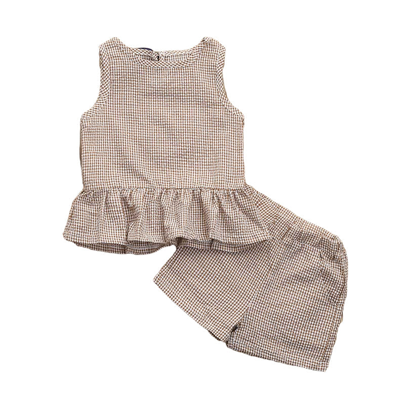 2 Pieces Set Baby Kid Girls Checked Tops And Shorts Wholesale 22121601