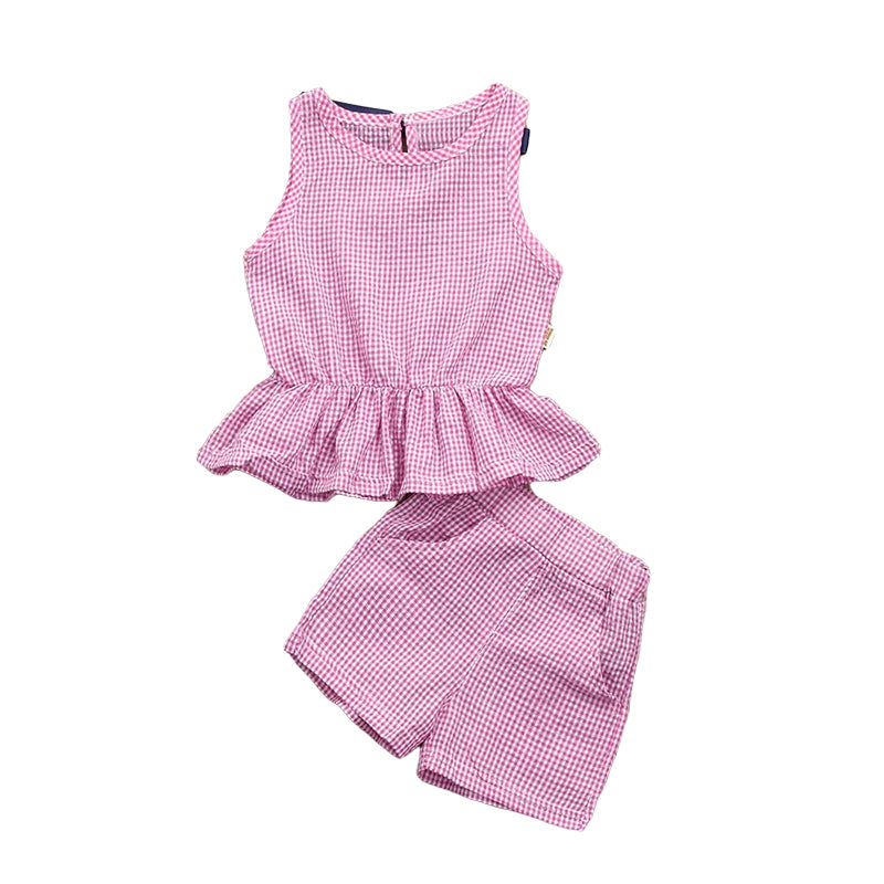 2 Pieces Set Baby Kid Girls Checked Tops And Shorts Wholesale 22121601