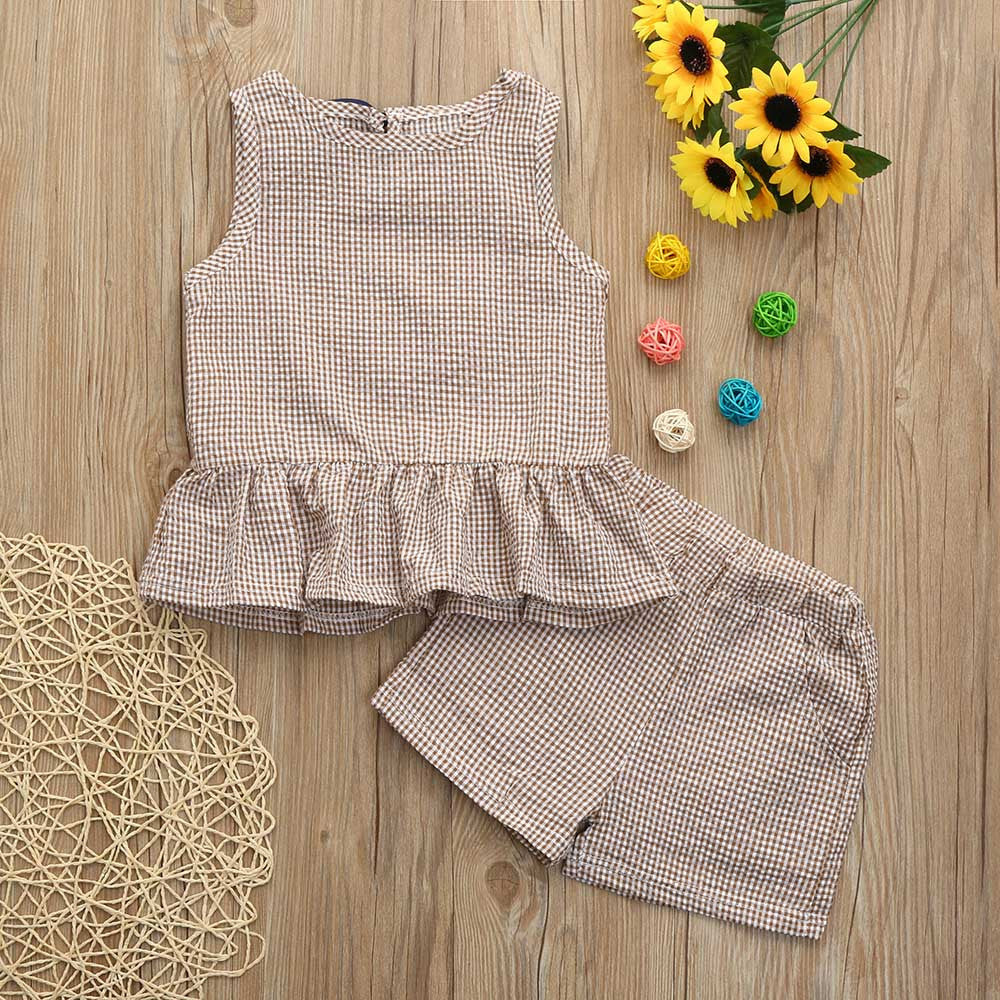 2 Pieces Set Baby Kid Girls Checked Tops And Shorts Wholesale 22121601