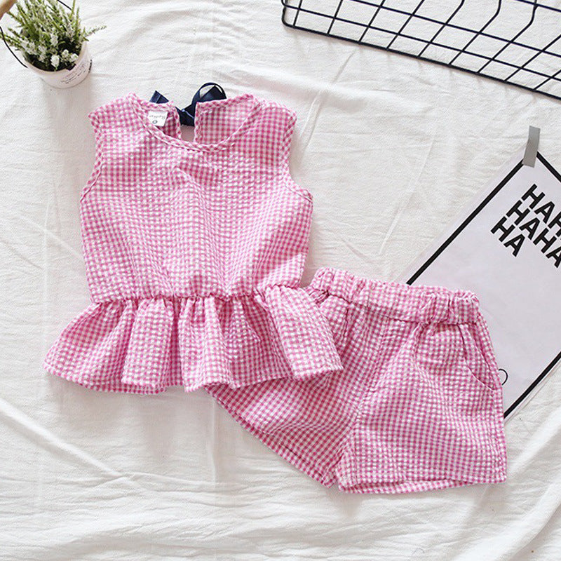 2 Pieces Set Baby Kid Girls Checked Tops And Shorts Wholesale 22121601