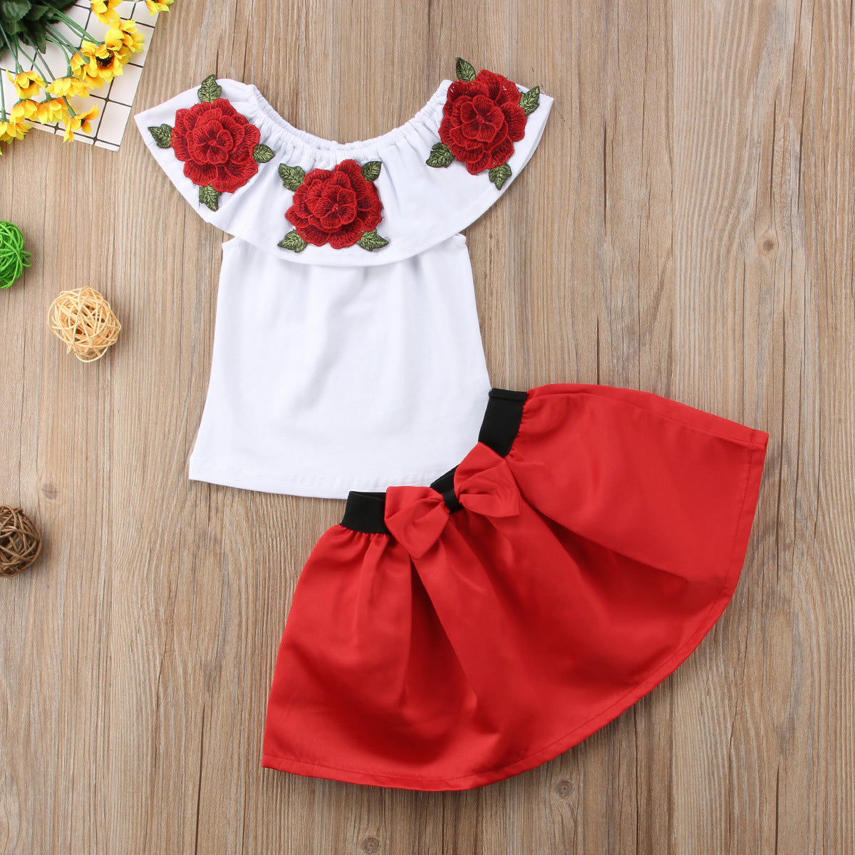 2 Pieces Set Baby Kid Girls Flower Print Tops Color-blocking And Bow Skirts Wholesale 22121602