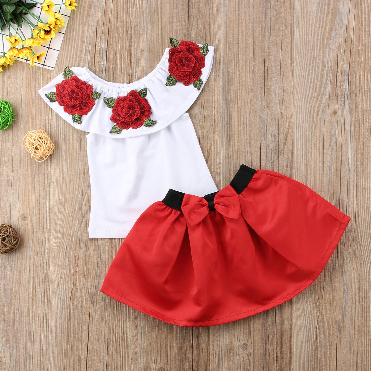 2 Pieces Set Baby Kid Girls Flower Print Tops Color-blocking And Bow Skirts Wholesale 22121602