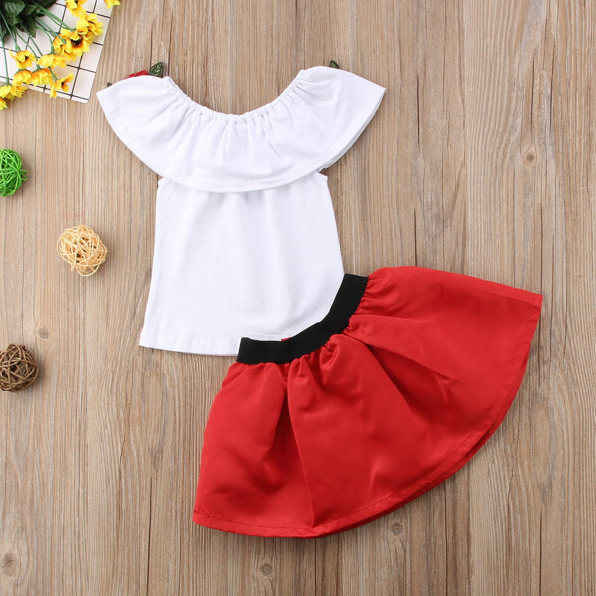 2 Pieces Set Baby Kid Girls Flower Print Tops Color-blocking And Bow Skirts Wholesale 22121602