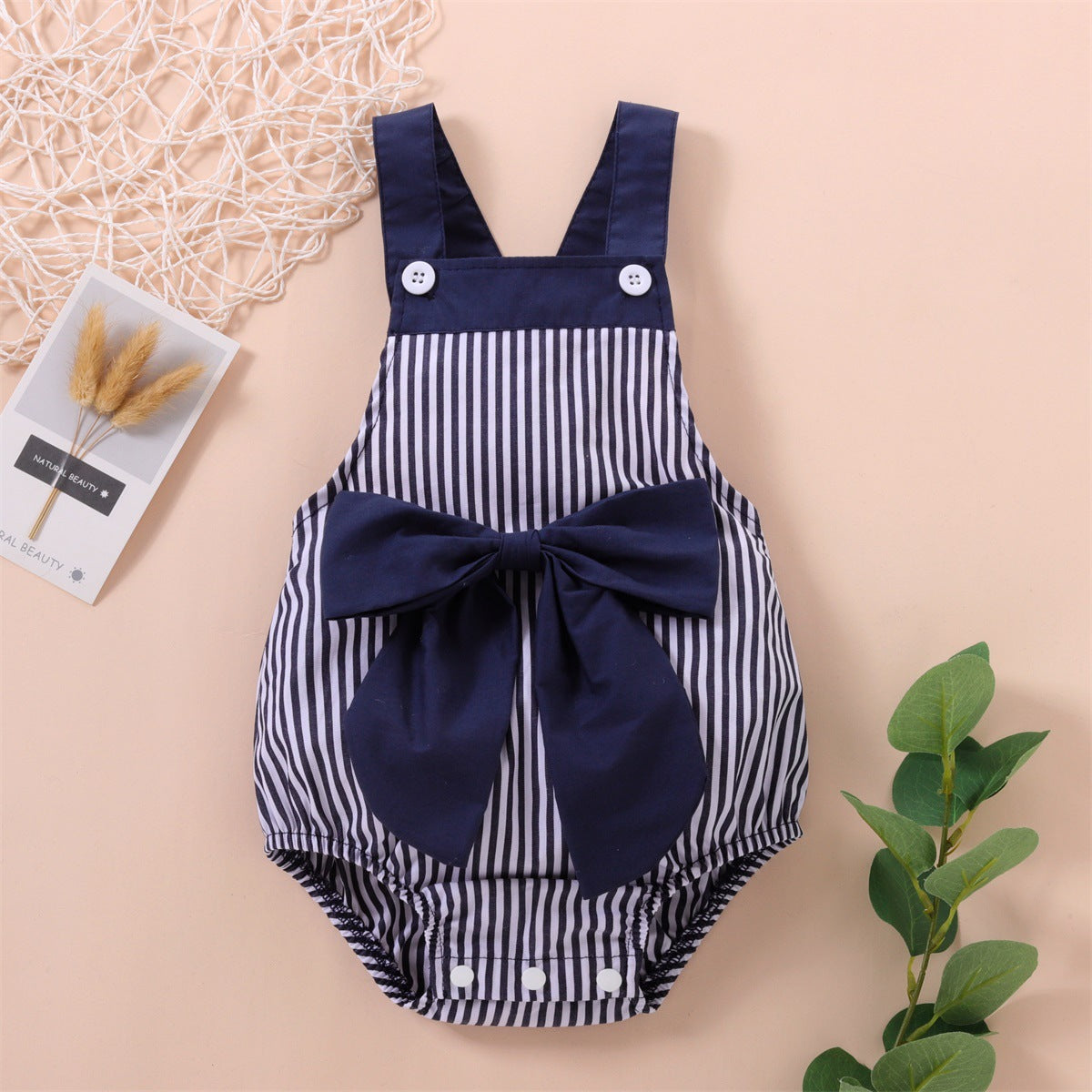 Baby Unisex Striped Color-blocking Bow Rompers Wholesale 221216108