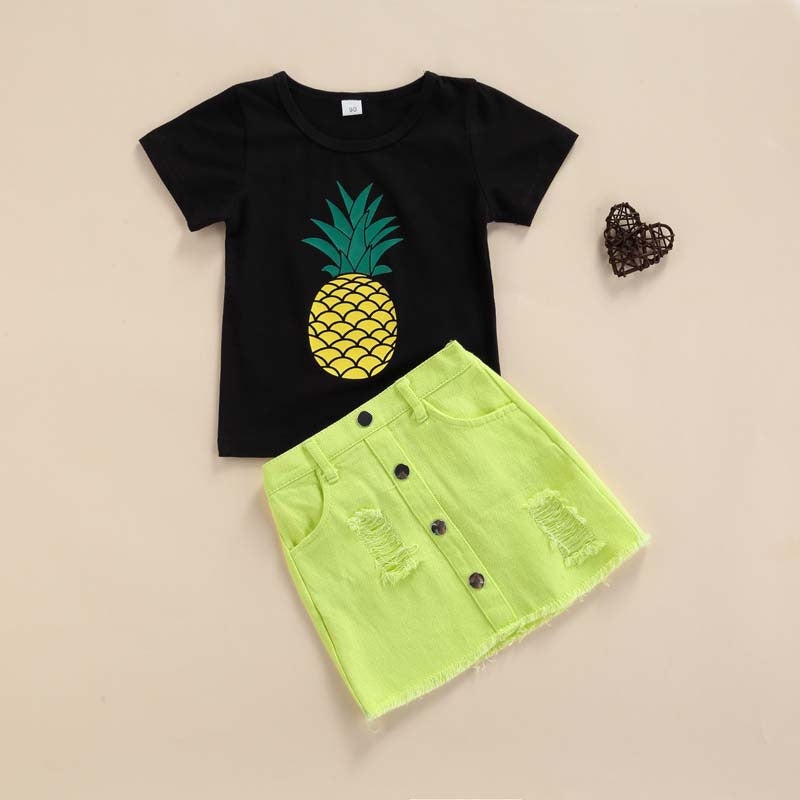 2 Pieces Set Baby Kid Girls Fruit Print T-Shirts And Ripped Shorts Wholesale 221216138