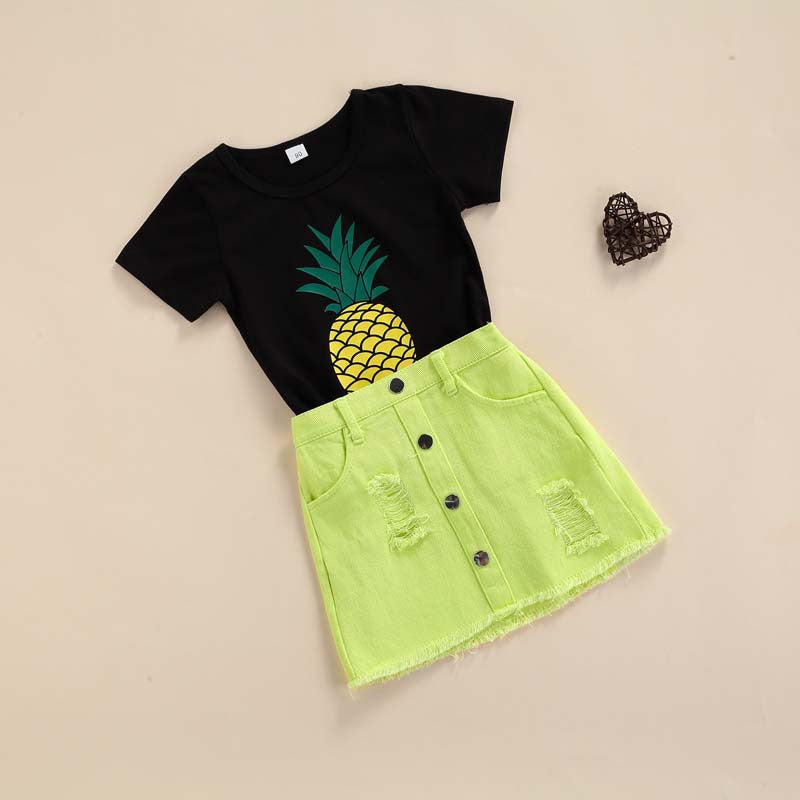 2 Pieces Set Baby Kid Girls Fruit Print T-Shirts And Ripped Shorts Wholesale 221216138