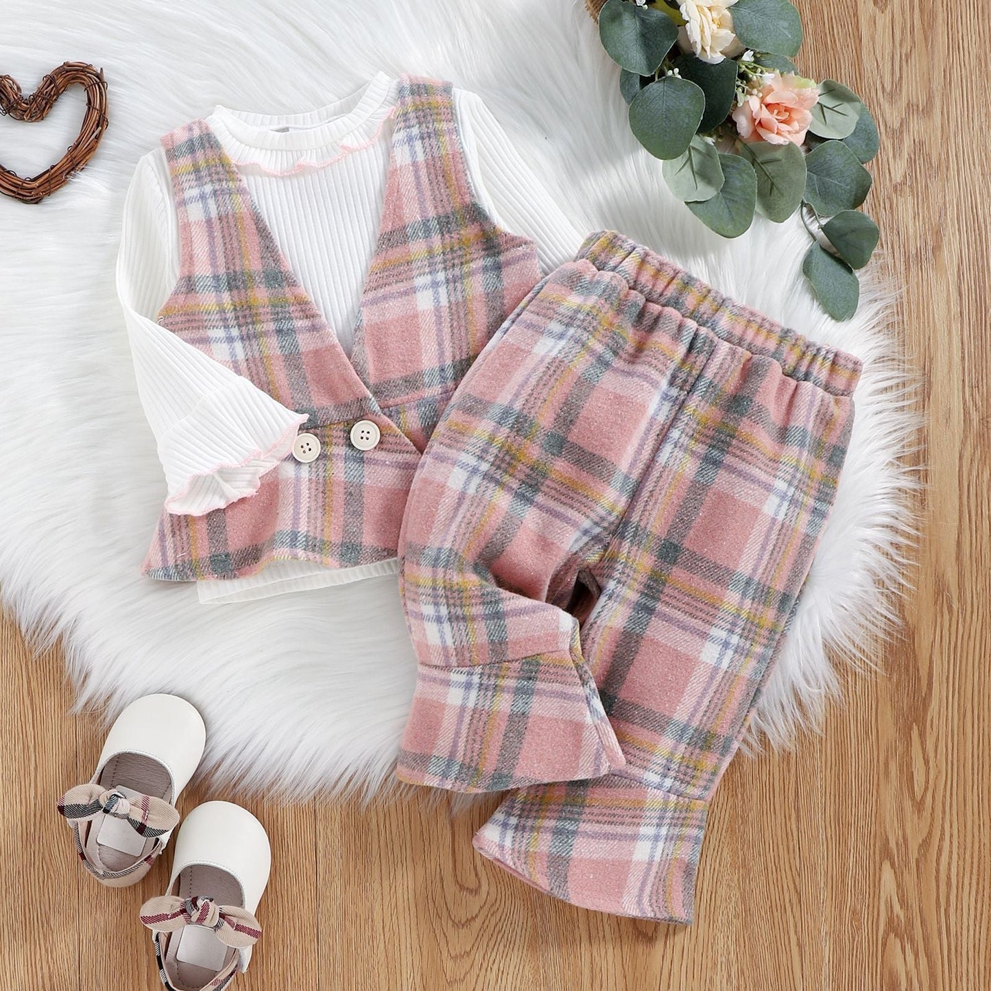 3 Pieces Set Baby Kid Girls Solid Color Tops And Checked Vests Waistcoats And Pants Wholesale 221216186