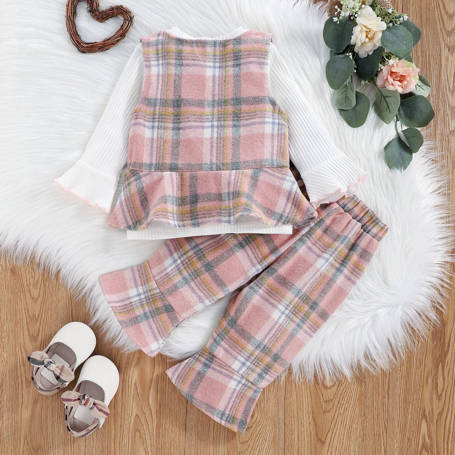 3 Pieces Set Baby Kid Girls Solid Color Tops And Checked Vests Waistcoats And Pants Wholesale 221216186