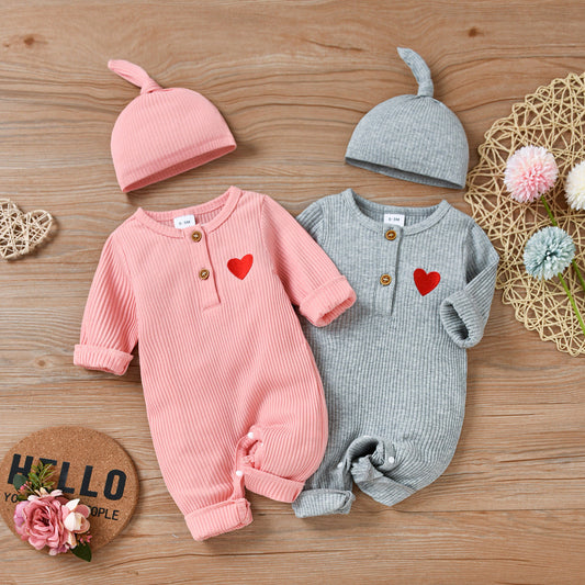 Baby Unisex Love heart Embroidered Jumpsuits And Accessories Hats Wholesale 221216187