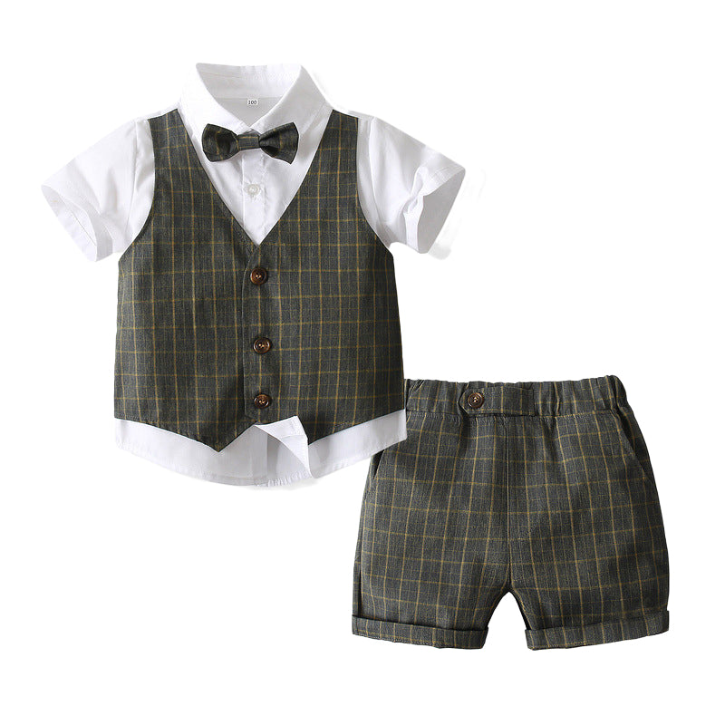 3 Pieces Set Baby Kid Boys Bow Shirts And Checked Vests Waistcoats And Shorts Wholesale 221216255