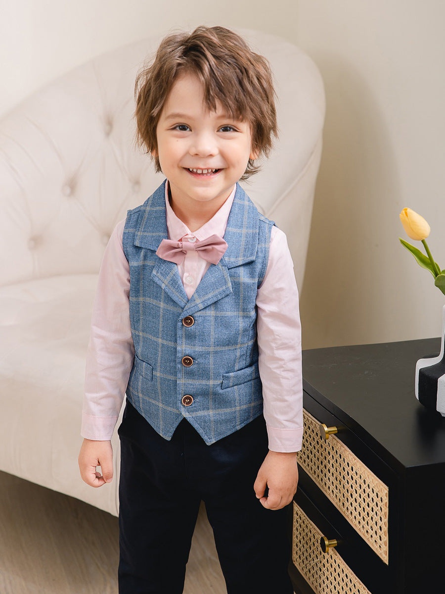 3 Pieces Set Baby Kid Boys Birthday Party Solid Color Bow Shirts Checked Vests Waistcoats And Pants Wholesale 221216325