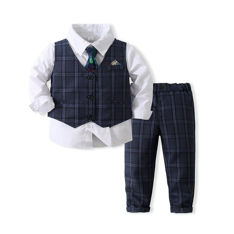 3 Pieces Set Baby Kid Boys Dressy Birthday Party Solid Color Bow Shirts Checked Vests Waistcoats And Pants Wholesale 221216337