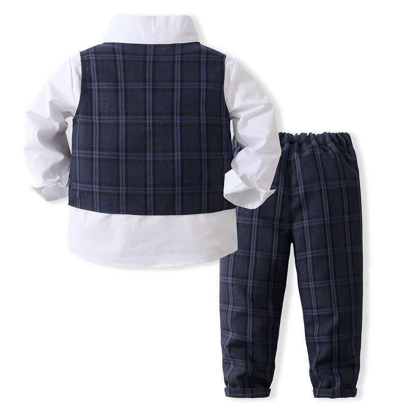 3 Pieces Set Baby Kid Boys Dressy Birthday Party Solid Color Bow Shirts Checked Vests Waistcoats And Pants Wholesale 221216337