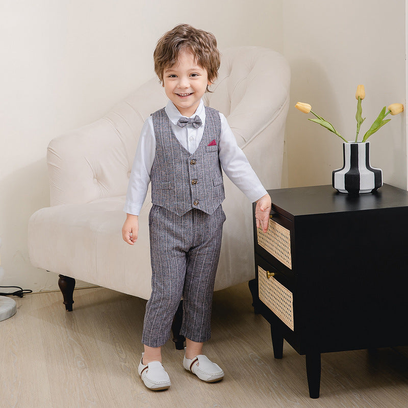 3 Pieces Set Baby Kid Boys Dressy Party Solid Color Vests Waistcoats And Bow Shirts And Pants Suits Wholesale 221216358