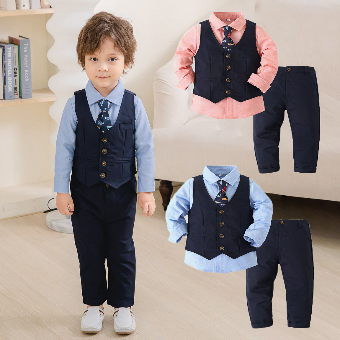 3 Pieces Set Baby Kid Boys Dressy Party Solid Color Vests Waistcoats And Bow Shirts And Pants Suits Wholesale 221216360