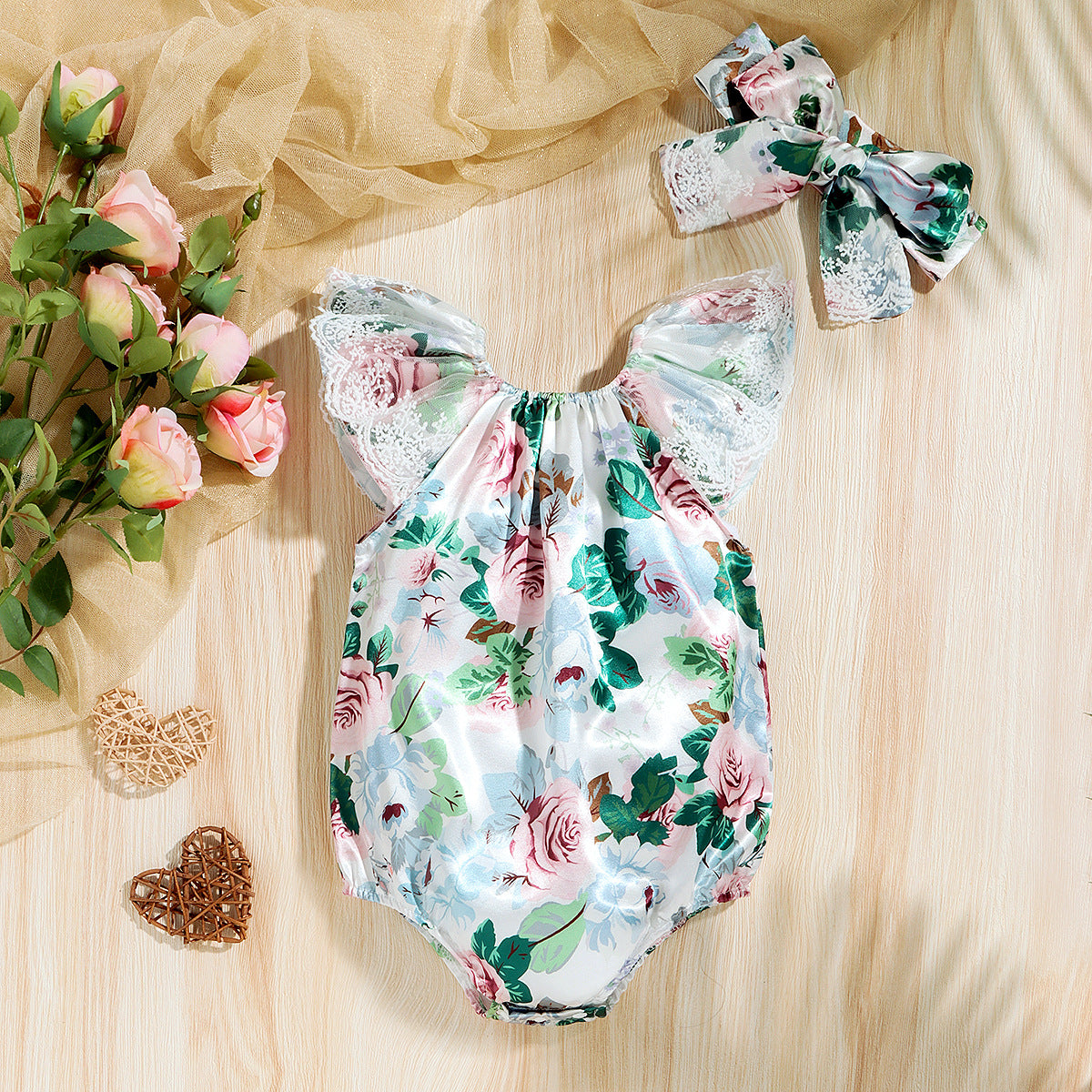 Baby Girls Flower Lace Print Rompers Wholesale 221216361