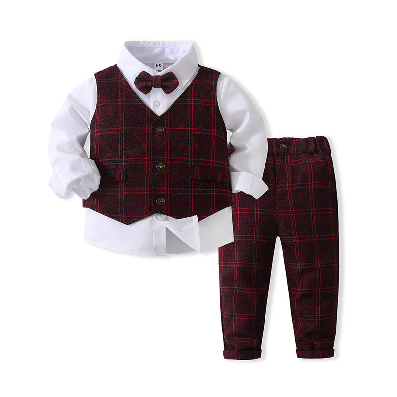 3 Pieces Set Baby Kid Boys Birthday Party Solid Color Bow Shirts Checked Vests Waistcoats And Pants Wholesale 221216365