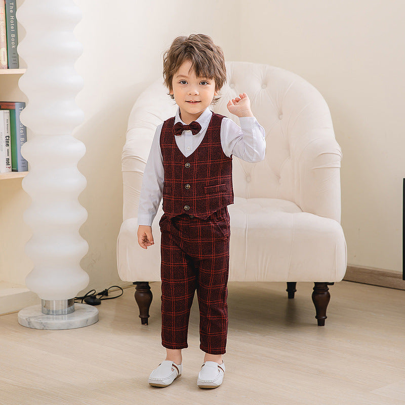 3 Pieces Set Baby Kid Boys Birthday Party Solid Color Bow Shirts Checked Vests Waistcoats And Pants Wholesale 221216365