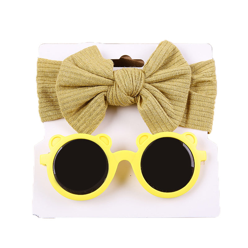 2 Pieces Set Girls Solid Color Cartoon Glasses And Bow Headwear Wholesale 221216369