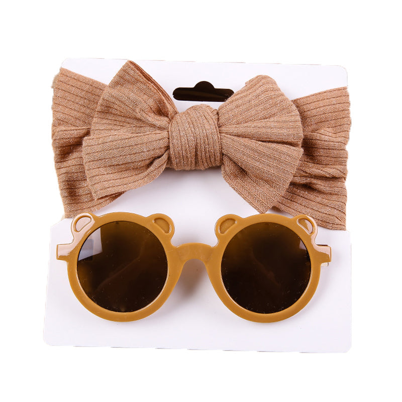 2 Pieces Set Girls Solid Color Cartoon Glasses And Bow Headwear Wholesale 221216369