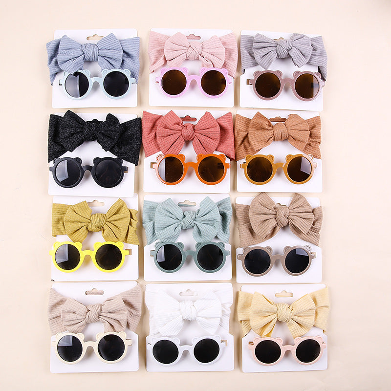 2 Pieces Set Girls Solid Color Cartoon Glasses And Bow Headwear Wholesale 221216369