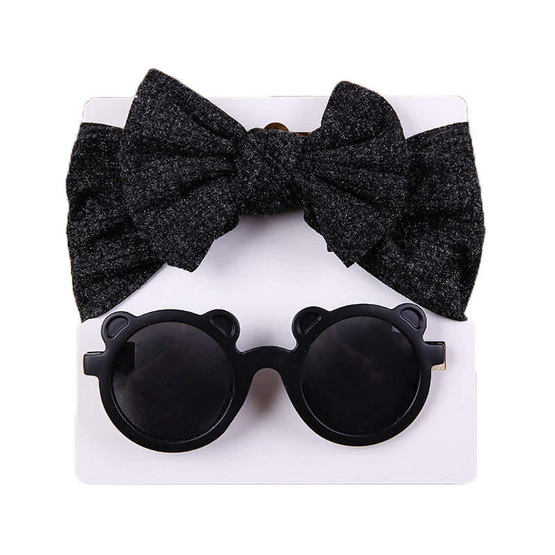 2 Pieces Set Girls Solid Color Cartoon Glasses And Bow Headwear Wholesale 221216369