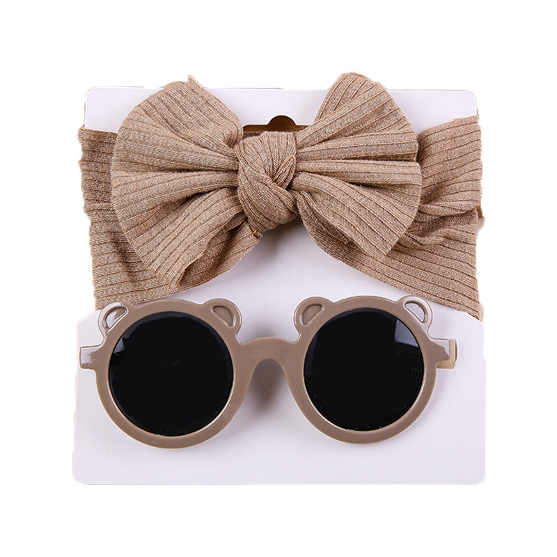 2 Pieces Set Girls Solid Color Cartoon Glasses And Bow Headwear Wholesale 221216369