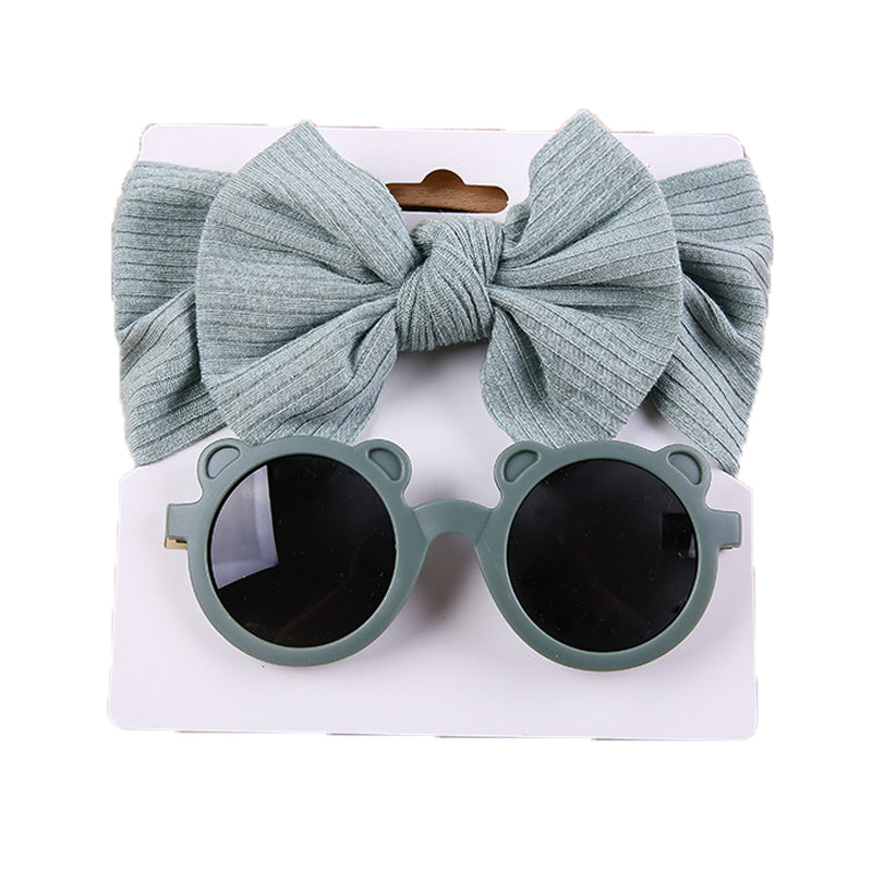 2 Pieces Set Girls Solid Color Cartoon Glasses And Bow Headwear Wholesale 221216369