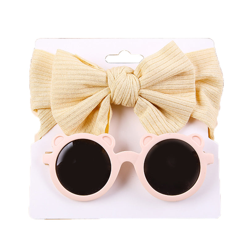 2 Pieces Set Girls Solid Color Cartoon Glasses And Bow Headwear Wholesale 221216369