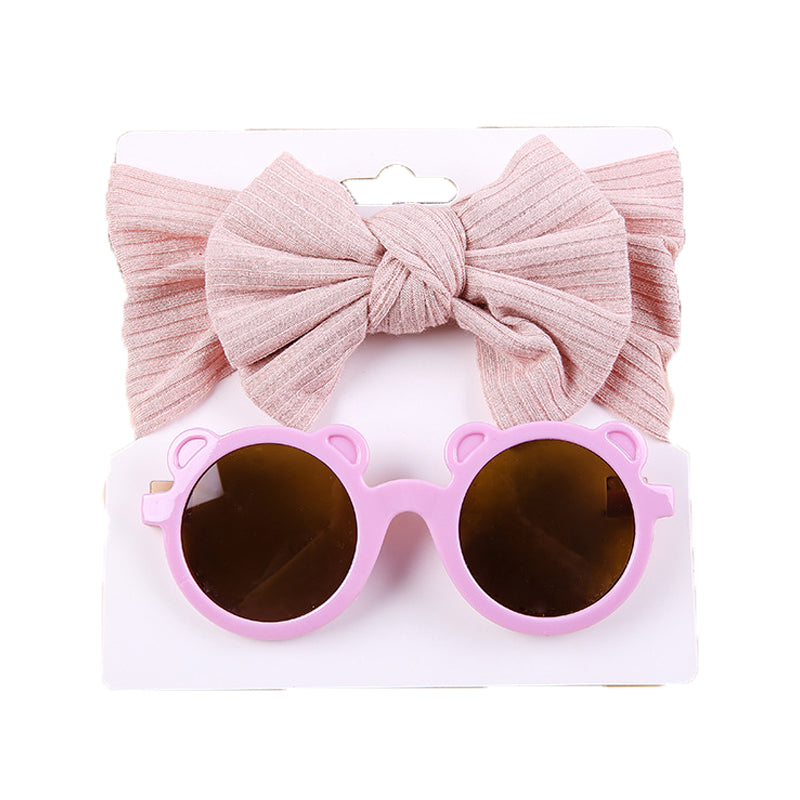 2 Pieces Set Girls Solid Color Cartoon Glasses And Bow Headwear Wholesale 221216369