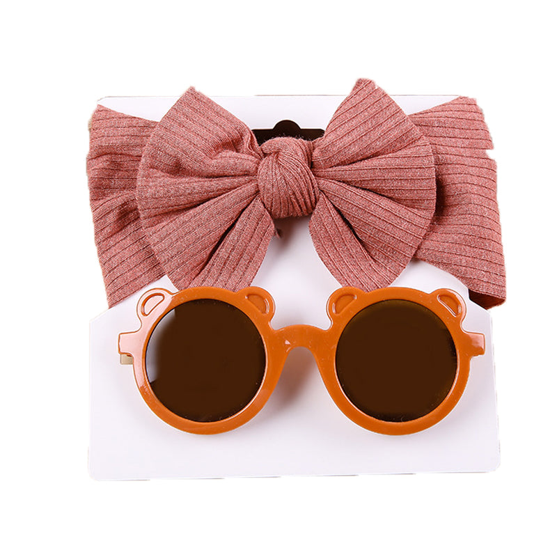 2 Pieces Set Girls Solid Color Cartoon Glasses And Bow Headwear Wholesale 221216369