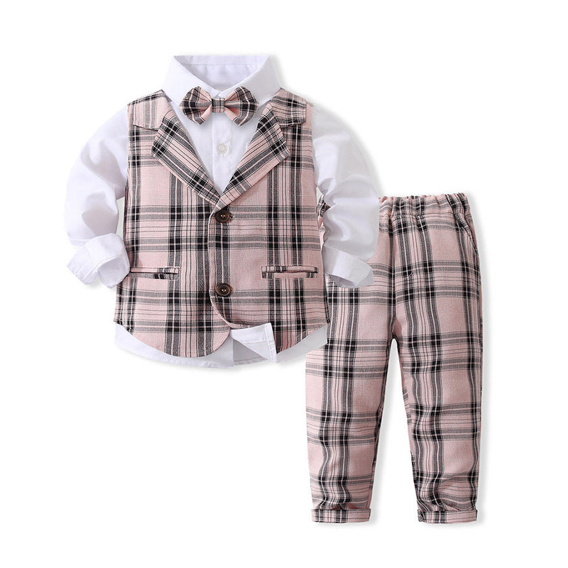 3 Pieces Set Baby Kid Boys Solid Color Bow Shirts Checked Vests Waistcoats And Pants Wholesale 221216394