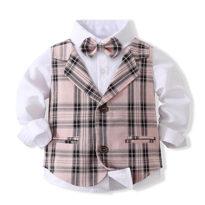 3 Pieces Set Baby Kid Boys Solid Color Bow Shirts Checked Vests Waistcoats And Pants Wholesale 221216394