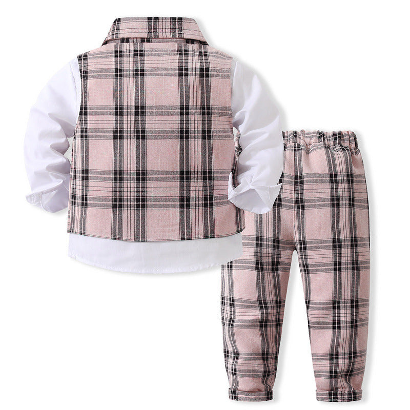 3 Pieces Set Baby Kid Boys Solid Color Bow Shirts Checked Vests Waistcoats And Pants Wholesale 221216394