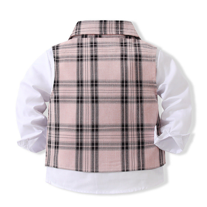 3 Pieces Set Baby Kid Boys Solid Color Bow Shirts Checked Vests Waistcoats And Pants Wholesale 221216394