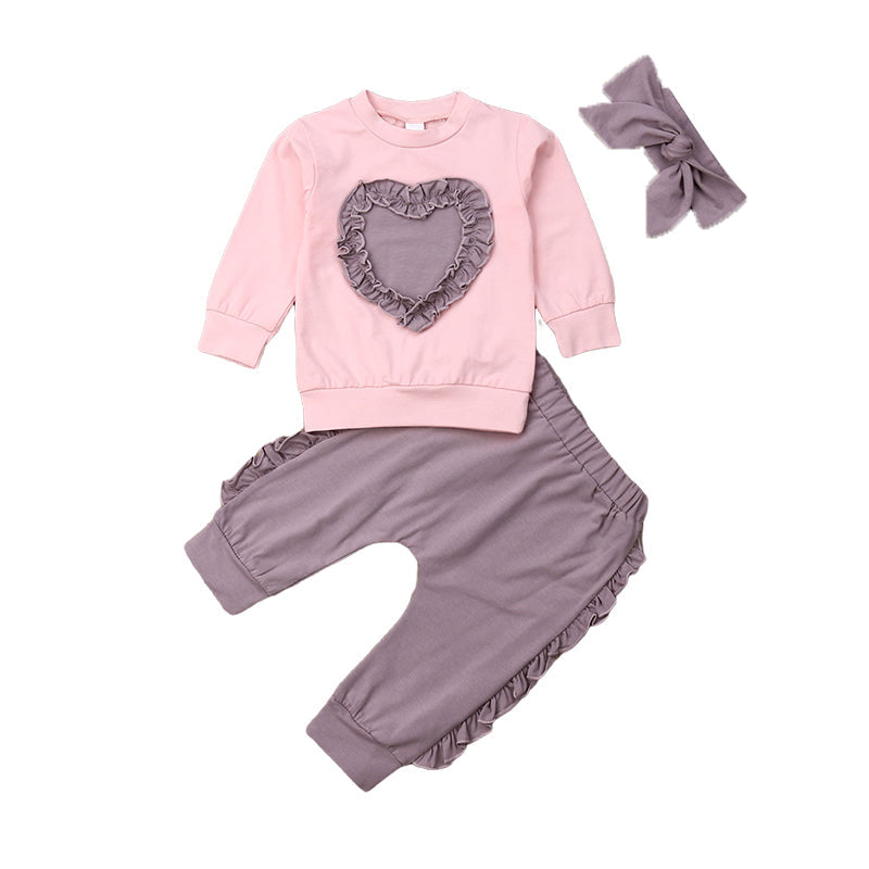 3 Pieces Set Baby Kid Girls Love heart Tops Solid Color Pants And Bow Headwear Wholesale 22121640