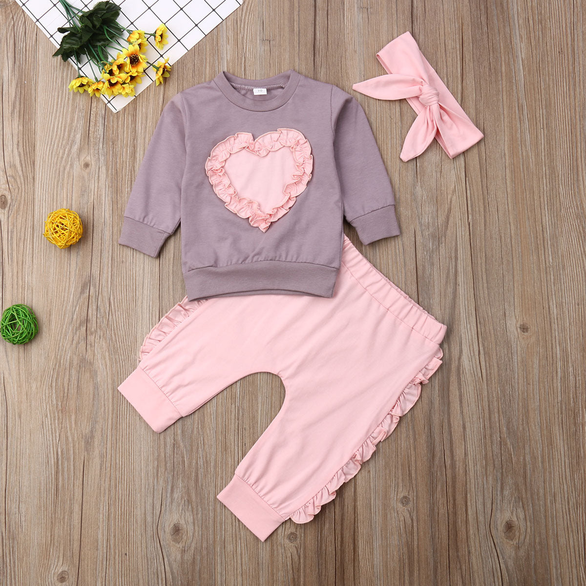 3 Pieces Set Baby Kid Girls Love heart Tops Solid Color Pants And Bow Headwear Wholesale 22121640