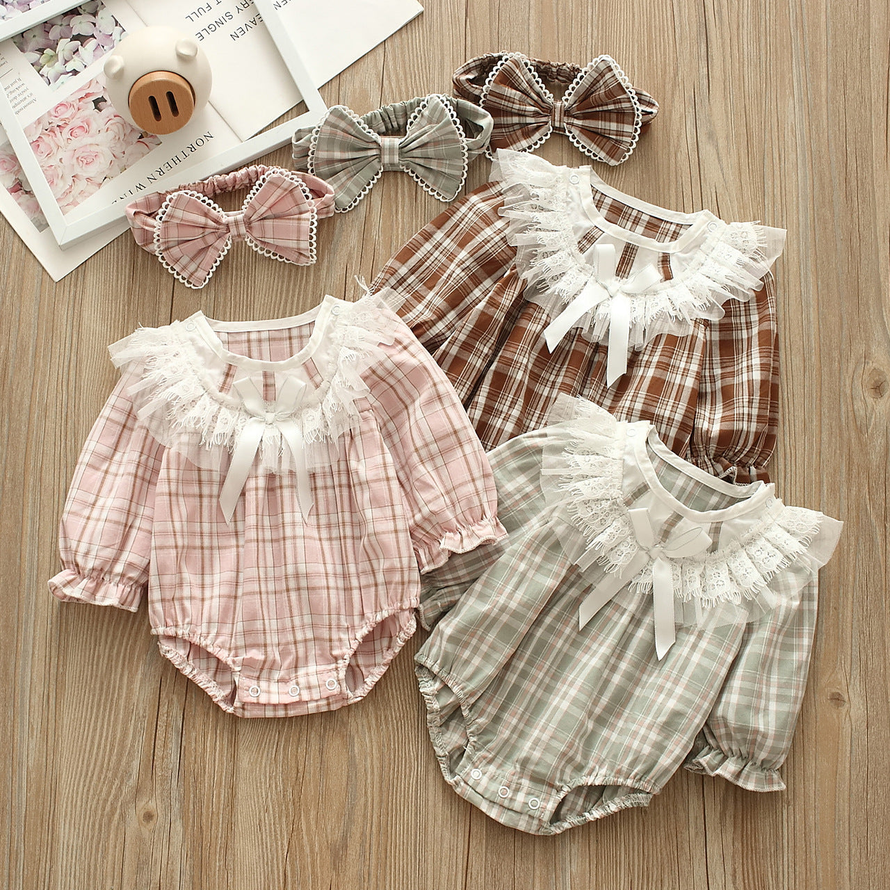 Baby Girls Checked Bow Lace Rompers Accessories Headwear Wholesale 221216414