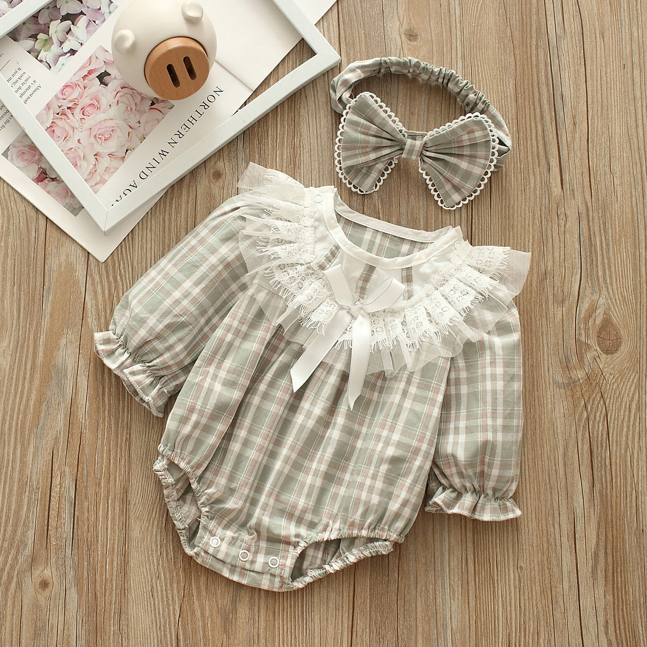 Baby Girls Checked Bow Lace Rompers Accessories Headwear Wholesale 221216414