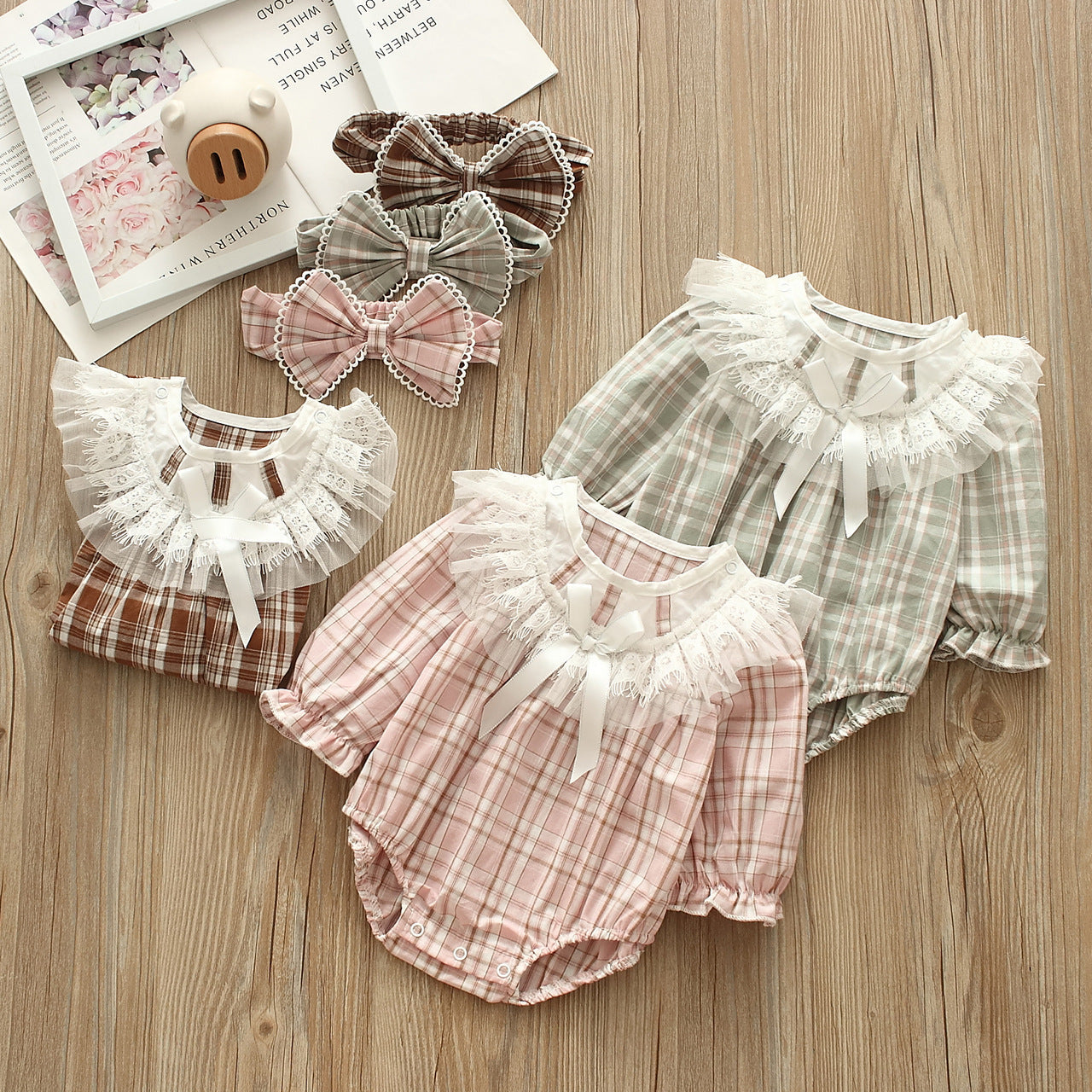 Baby Girls Checked Bow Lace Rompers Accessories Headwear Wholesale 221216414