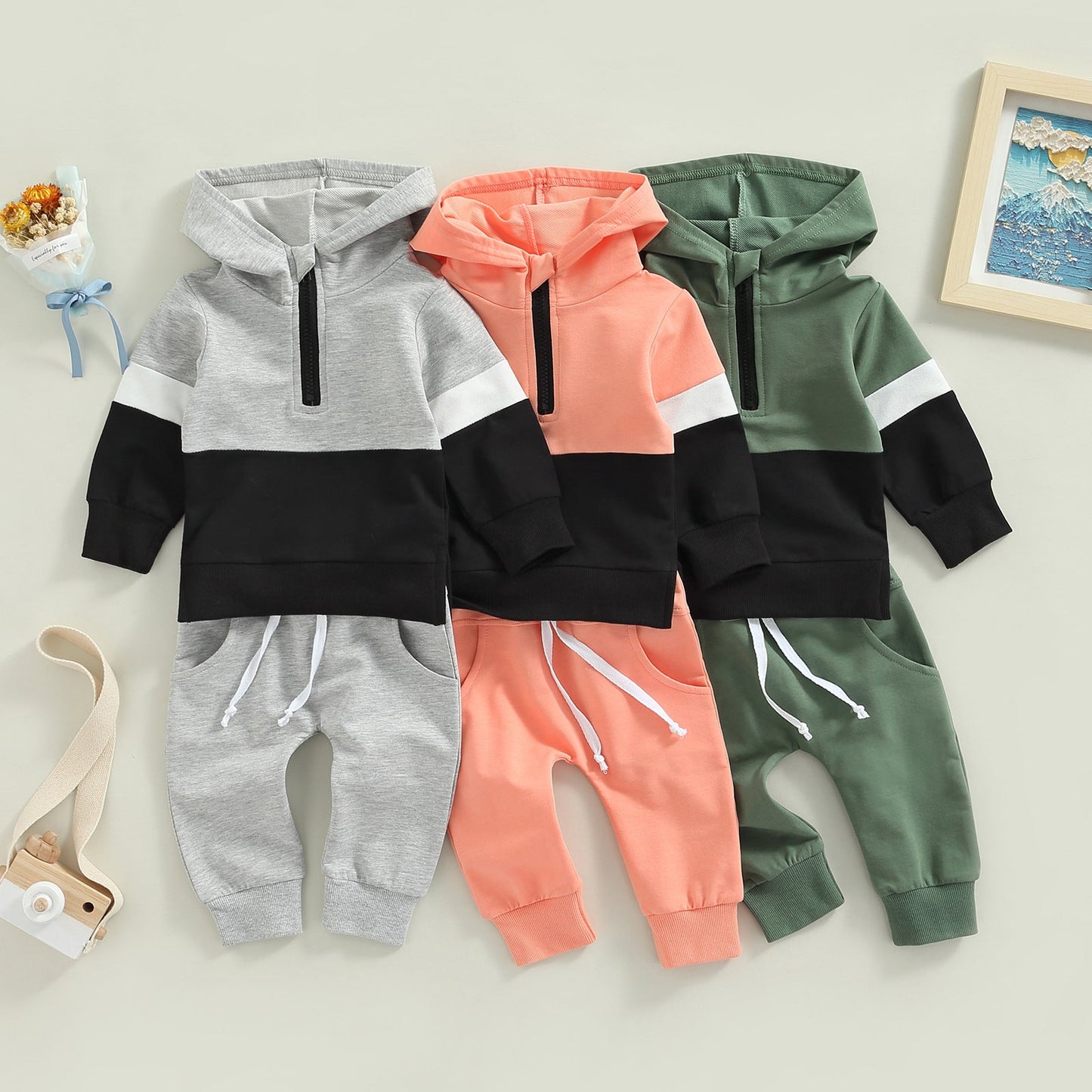 2 Pieces Set Baby Kid Unisex Color-blocking Hoodies Swearshirts And Solid Color Pants Wholesale 221216426