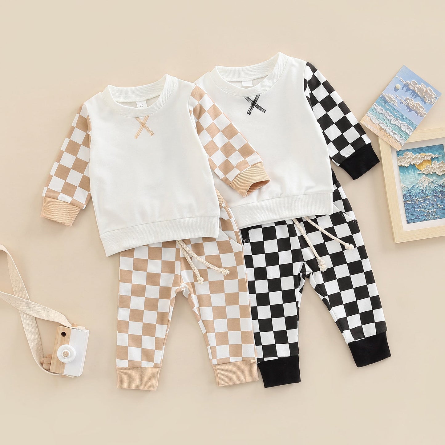 2 Pieces Set Baby Kid Unisex Checked Hoodies Swearshirts And Ribbon Pants Wholesale 221216429