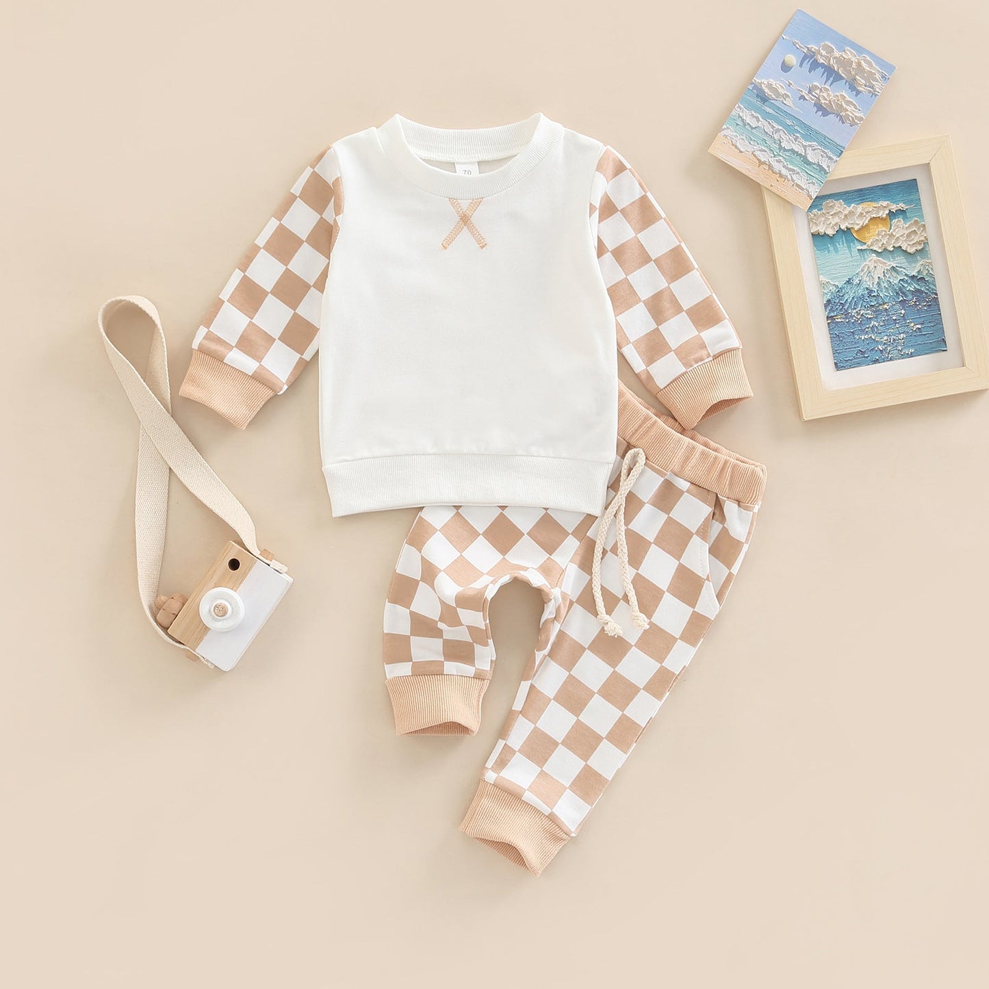 2 Pieces Set Baby Kid Unisex Checked Hoodies Swearshirts And Ribbon Pants Wholesale 221216429