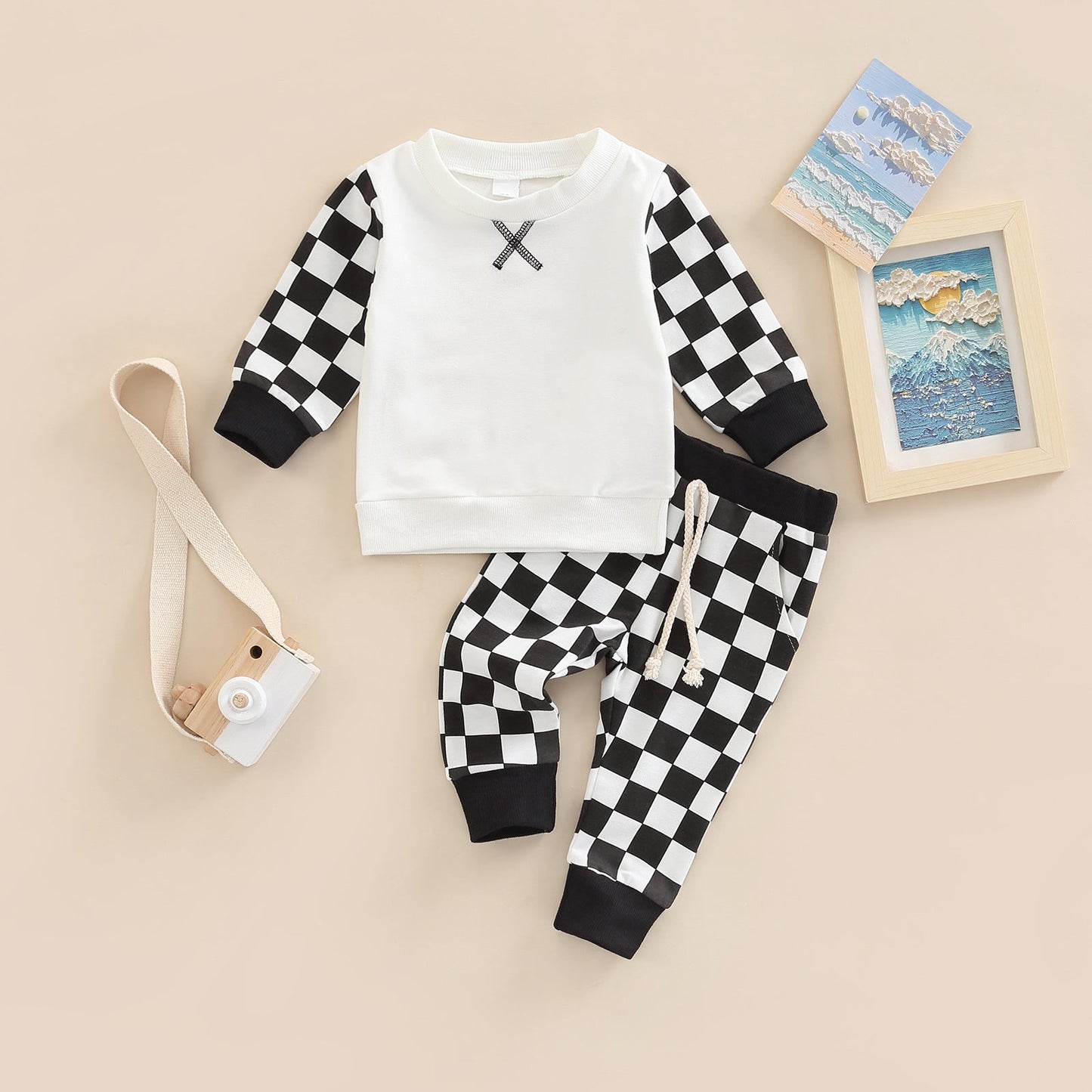 2 Pieces Set Baby Kid Unisex Checked Hoodies Swearshirts And Ribbon Pants Wholesale 221216429