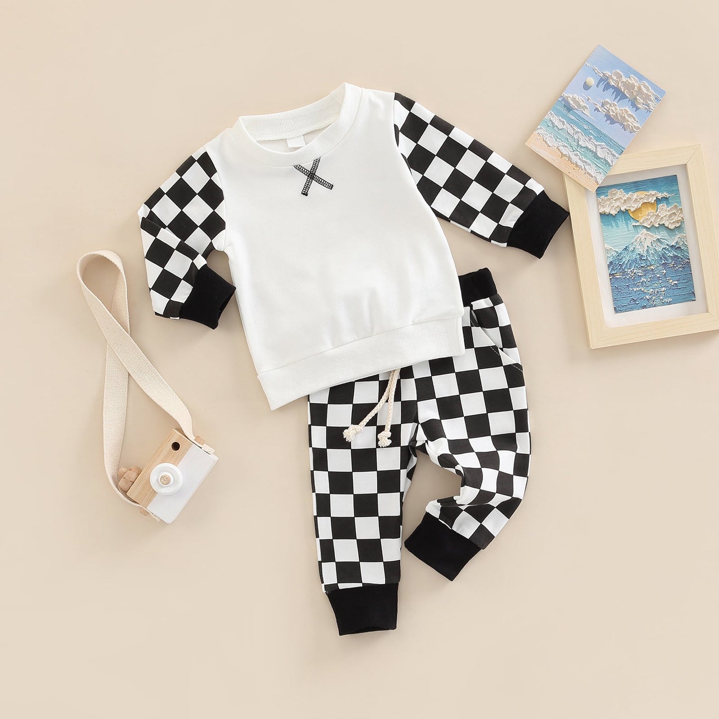 2 Pieces Set Baby Kid Unisex Checked Hoodies Swearshirts And Ribbon Pants Wholesale 221216429