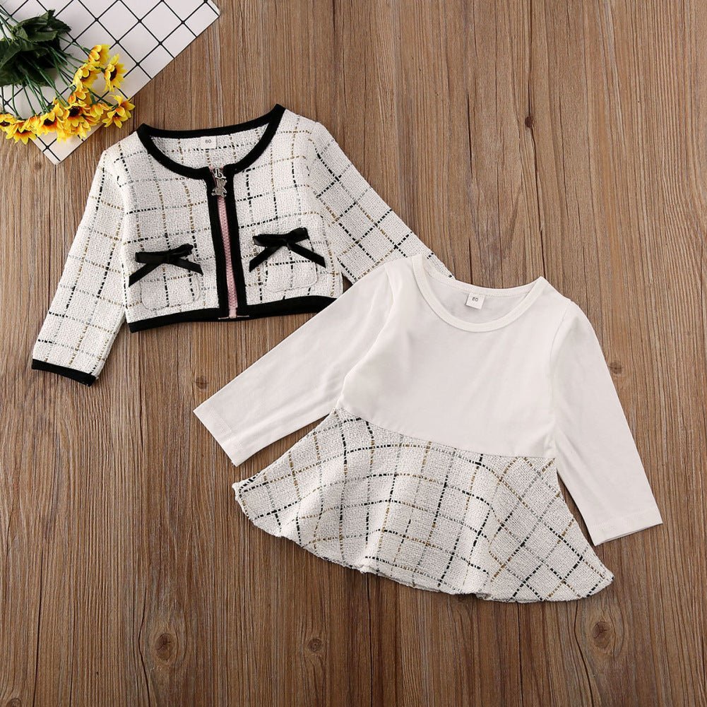 2 Pieces Set Baby Kid Girls Color-blocking Dresses And Checked Bow Jackets Outwears Wholesale 22121643