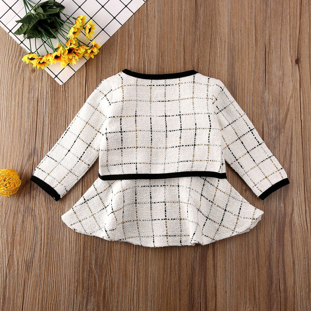 2 Pieces Set Baby Kid Girls Color-blocking Dresses And Checked Bow Jackets Outwears Wholesale 22121643