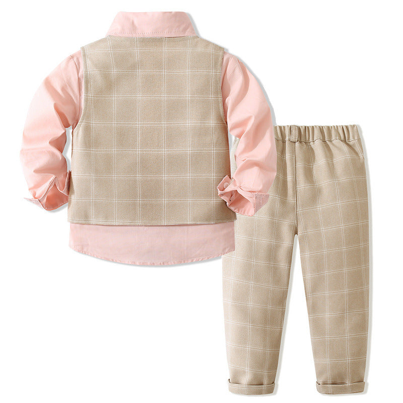 3 Pieces Set Baby Kid Boys Birthday Solid Color Bow Shirts Checked Vests Waistcoats And Pants Wholesale 221216435