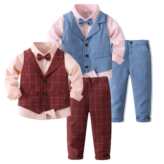 3 Pieces Set Baby Kid Boys Birthday Party Solid Color Bow Shirts Checked Vests Waistcoats And Pants Wholesale 221216439